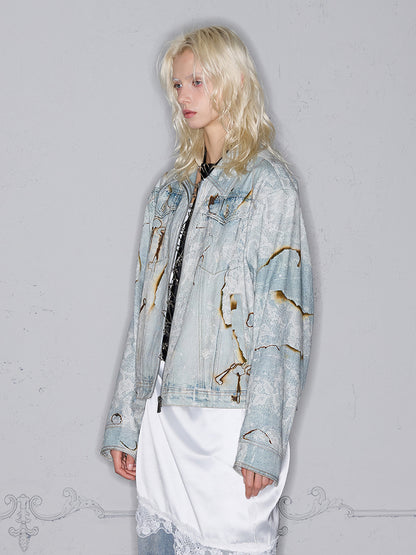 Burnout Lace Patchwork Key Print Washed Denim Jacket & Denim Jeans Setup WN17885