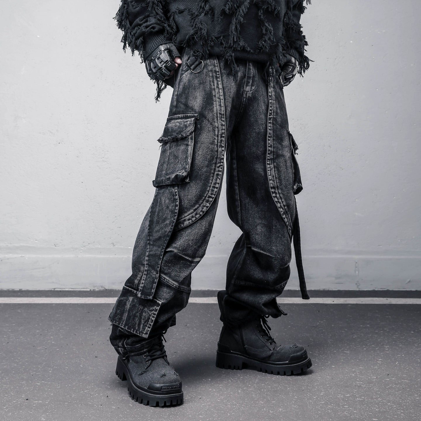 Multi Pocket Wash Damage Wide Leg Denim Jeans WN22388