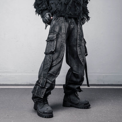 Multi Pocket Wash Damage Wide Leg Denim Jeans WN22388