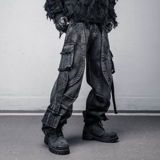 Multi Pocket Wash Damage Wide Leg Denim Jeans WN22388