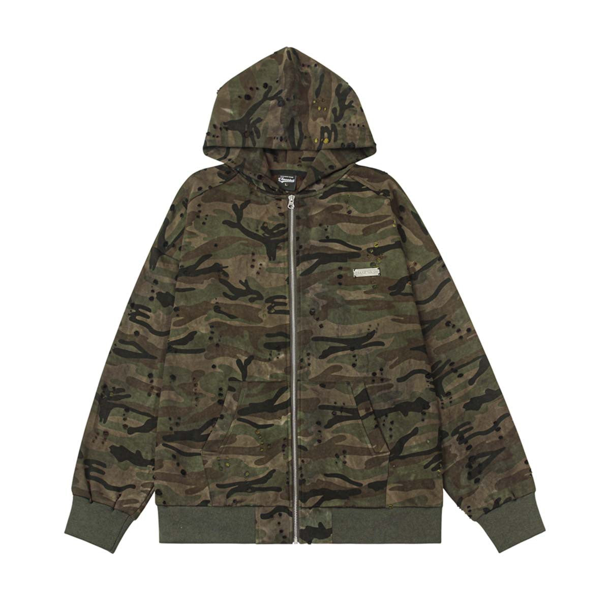 Washed Damage Camouflage Zipper Hoodie WN11130