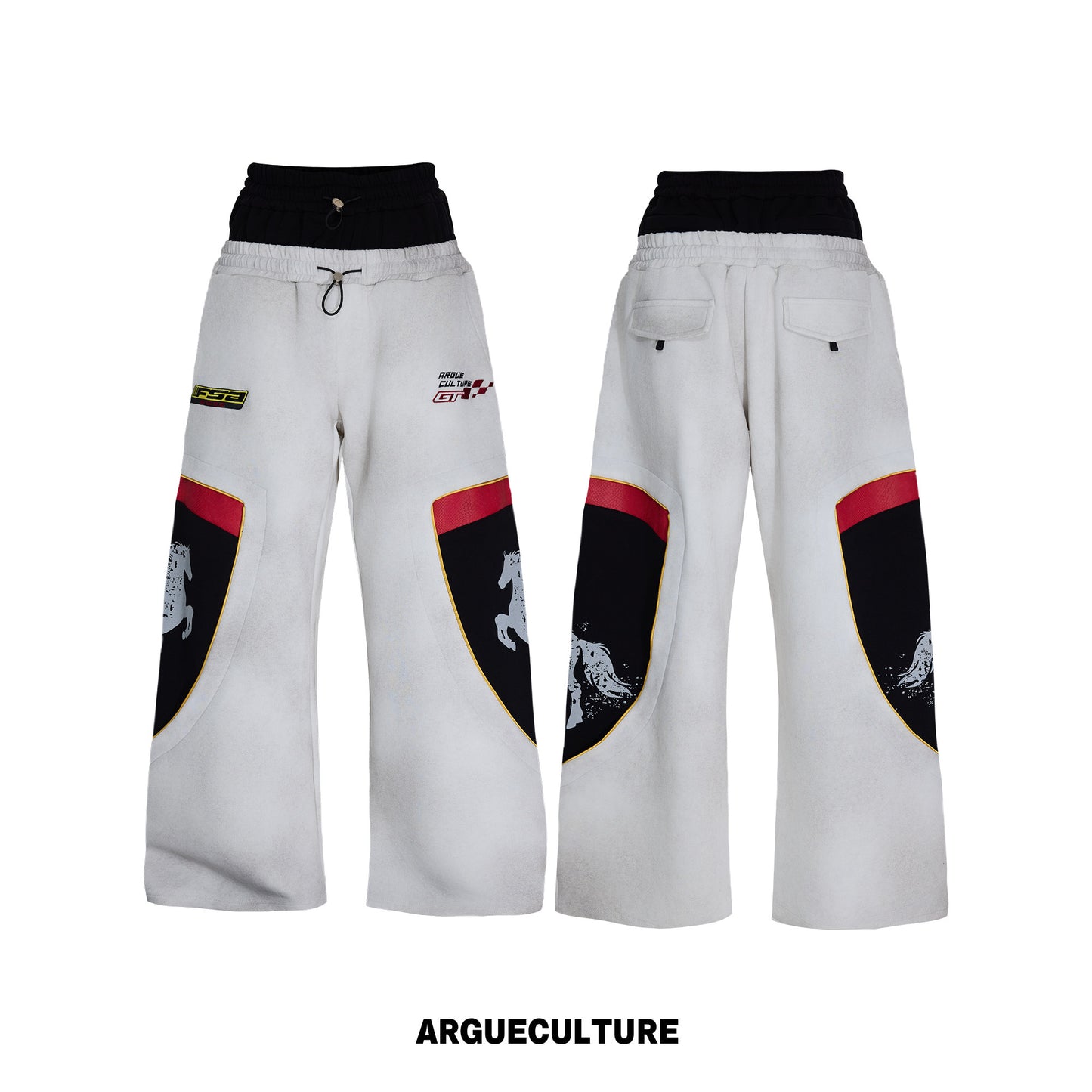 Racing Embroidery Fake Layered Double-Waist Wide Leg Sweatpants WN26985
