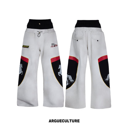 Racing Embroidery Fake Layered Double-Waist Wide Leg Sweatpants WN26985
