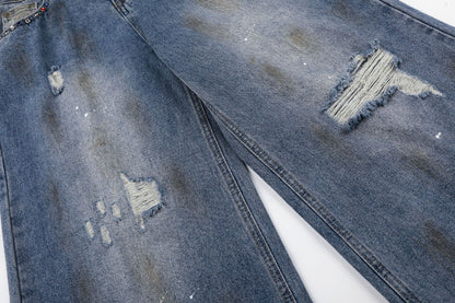 Washed Paint Damage Wide Leg Denim Jeans WN25394