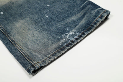 Washed Whisker Paint Splatter Curved Denim Jeans WN26141