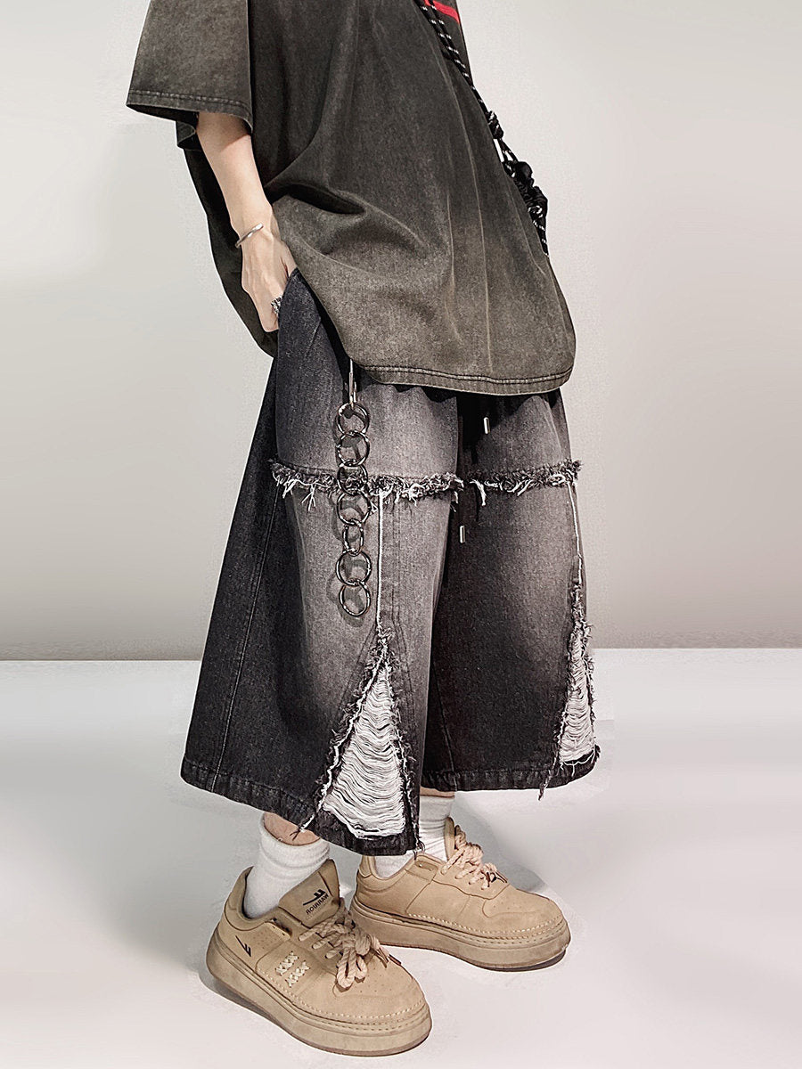 Ripped Wide Leg Denim Half Jeans WN24015