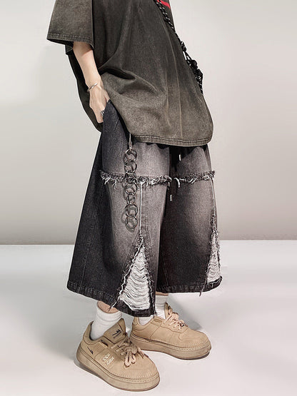 Ripped Wide Leg Denim Half Jeans WN24015