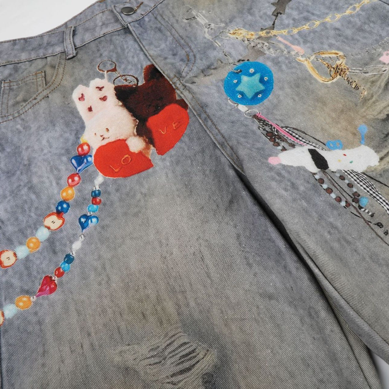 Washed Damage Embroidery Wide Leg Denim Jeans WN25388