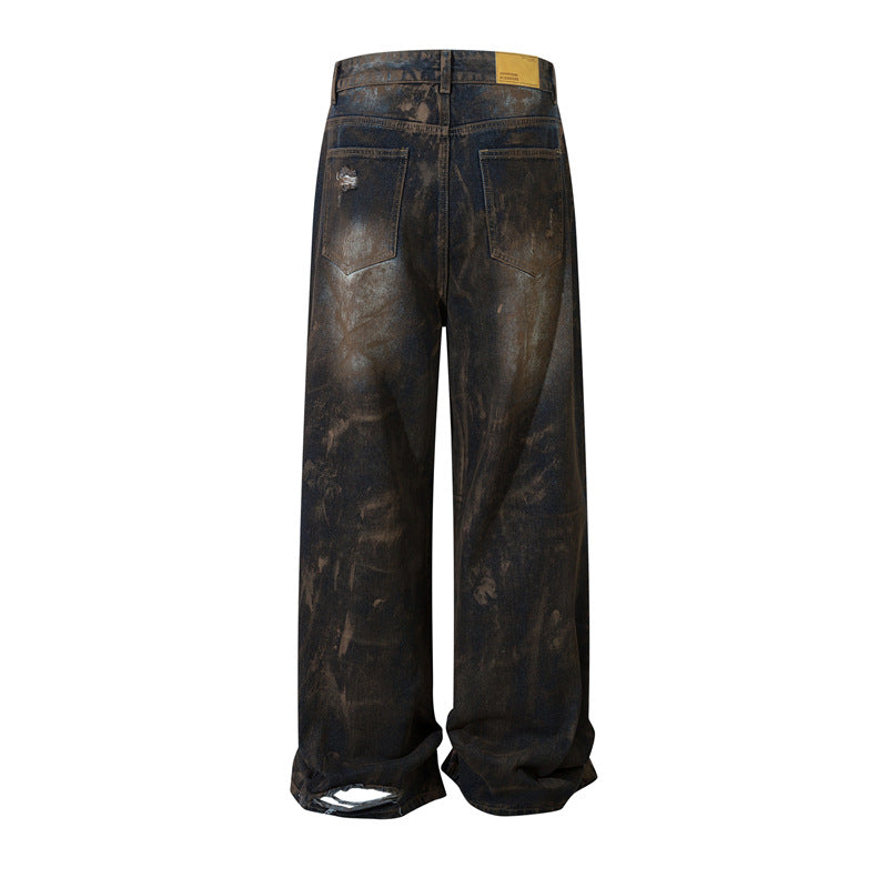 Heavyweight Washed Graffiti Hand-Paint Damage Wide-Leg Denim Jeans WN11386