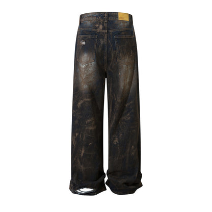 Heavyweight Washed Graffiti Hand-Paint Damage Wide-Leg Denim Jeans WN11386