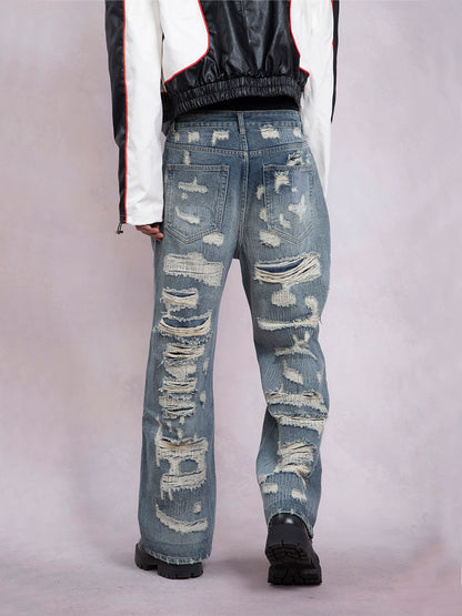 Damage Straight Leg Denim Jeans WN9329