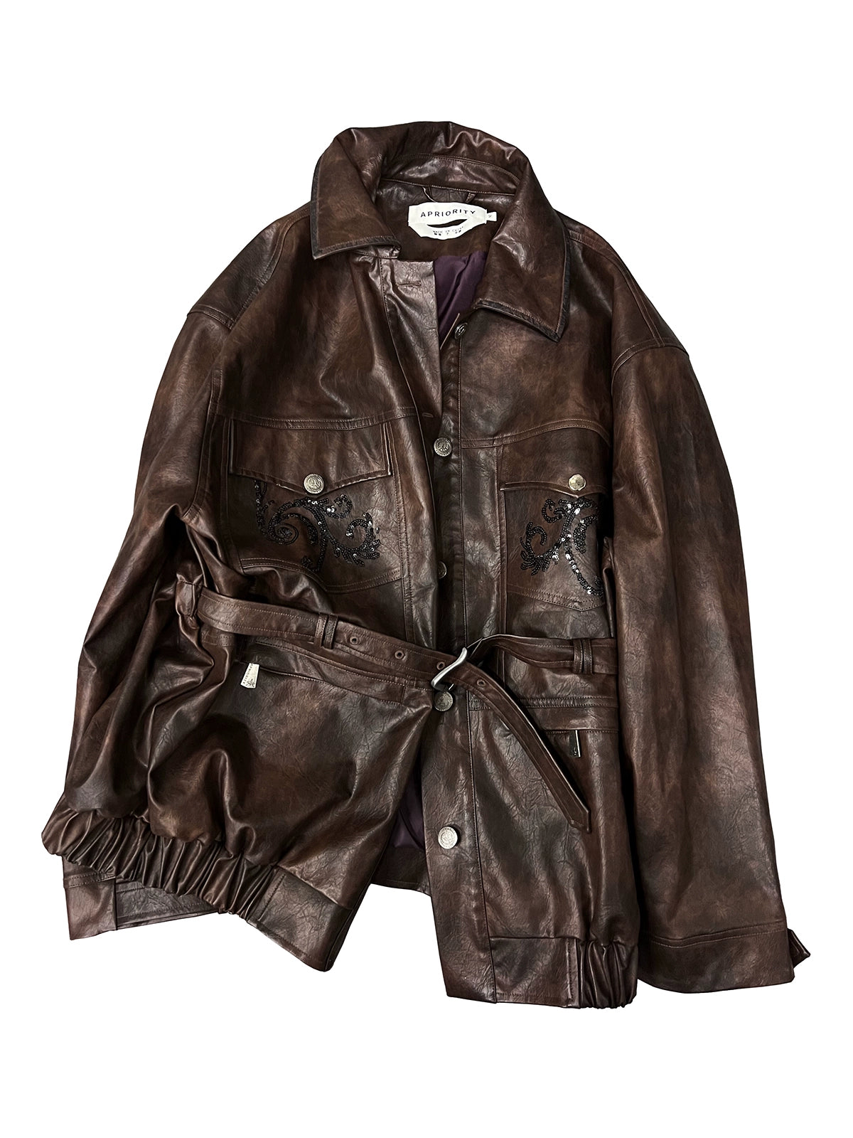 Sequin Embroidery Belted PU Leather Jacket WN18895