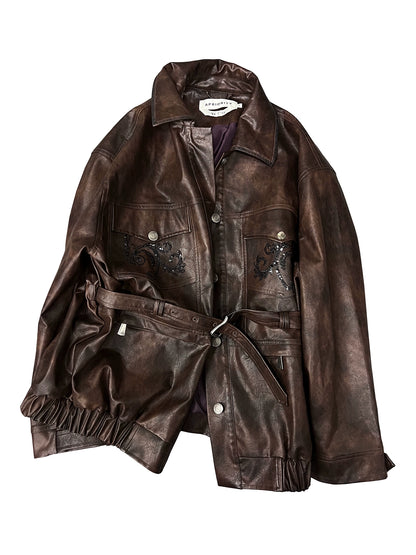 Sequin Embroidery Belted PU Leather Jacket WN18895