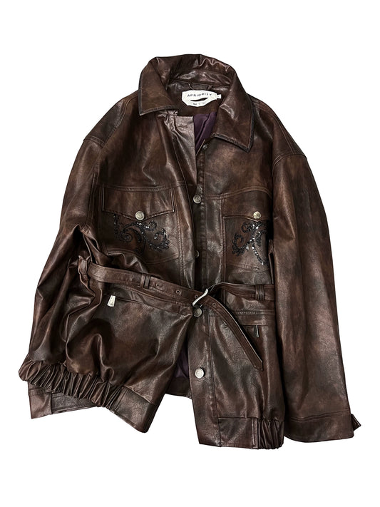 Sequin Embroidery Belted PU Leather Jacket WN18895