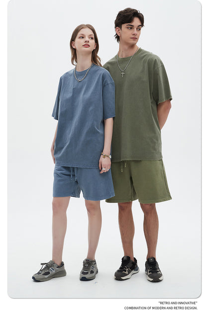 Washed Dyed Oversize Damage Short-sleeve T-shirt & Short Sweatpants Setup WN6630-K