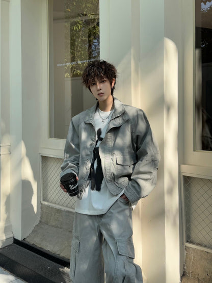 Washed Workwear Straight Oversize Denim Jacket & Wide Leg Straight Cargo Denim Jeans Setup WN23170