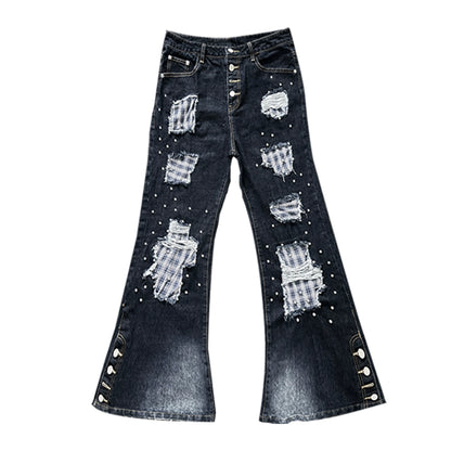 Hole Plaid Studs Flare Denim Jeans WN20909