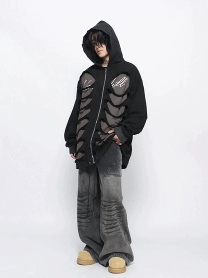 Hollow-Out Damage Design Zipper Hoodie WN10954