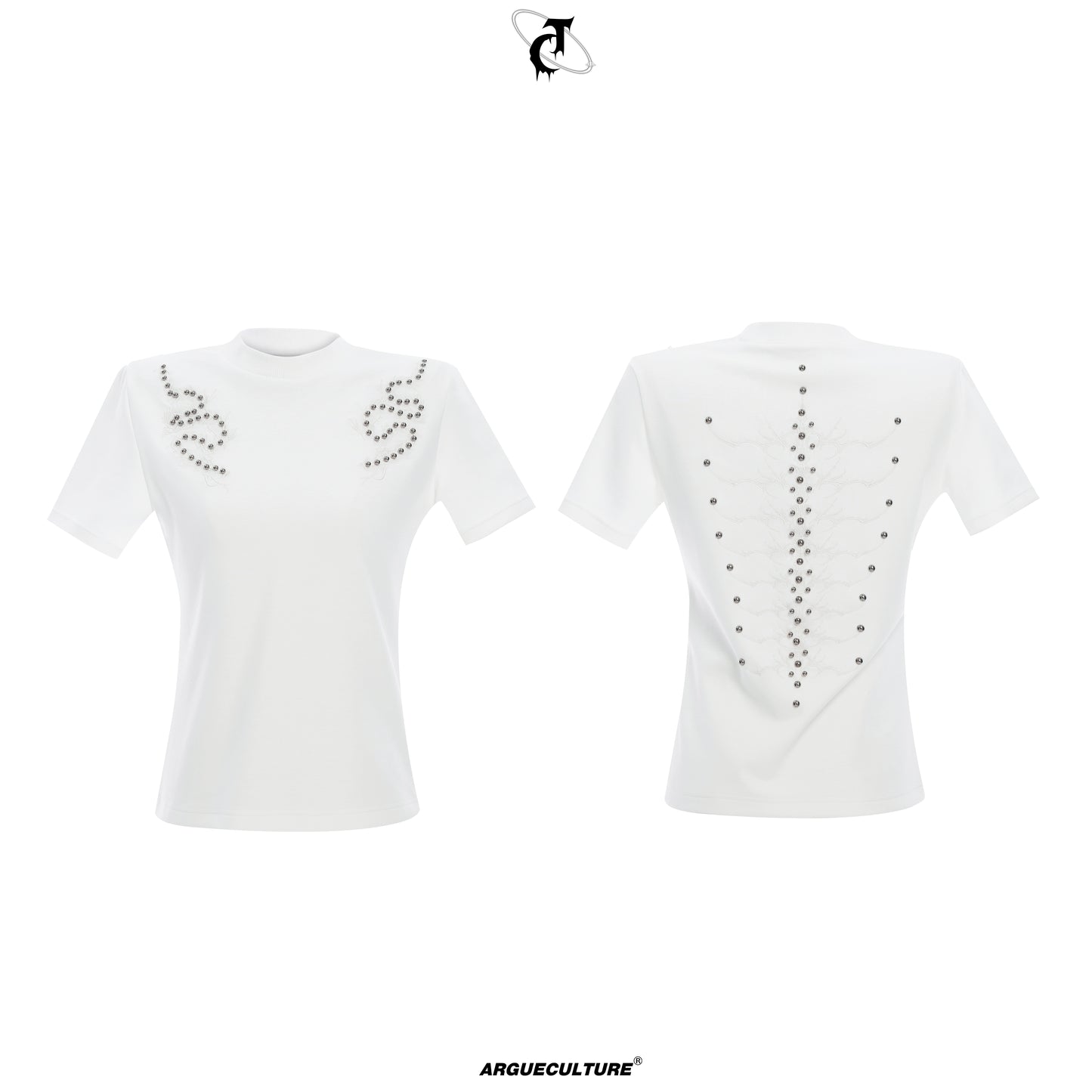 Spine Embroidery Metal Studs Short Sleeve T-Shirt WN16311
