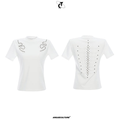 Spine Embroidery Metal Studs Short Sleeve T-Shirt WN16311