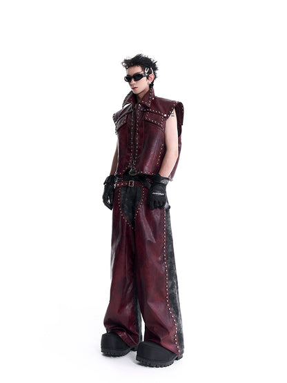 PU Leather Rivet Vest & PU Leather Wide-leg Pants Setup WN8120