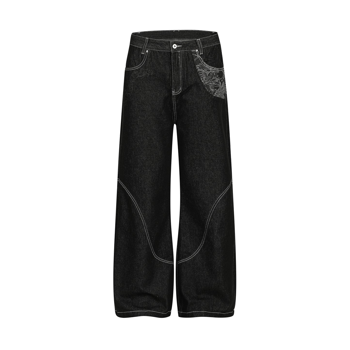 Contrast Stitch Bandana Patch Wide Leg Denim Jeans WN25979
