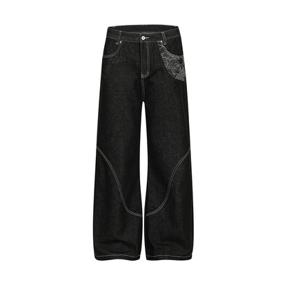 Contrast Stitch Bandana Patch Wide Leg Denim Jeans WN25979