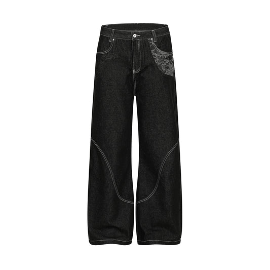 Contrast Stitch Bandana Patch Wide Leg Denim Jeans WN25979