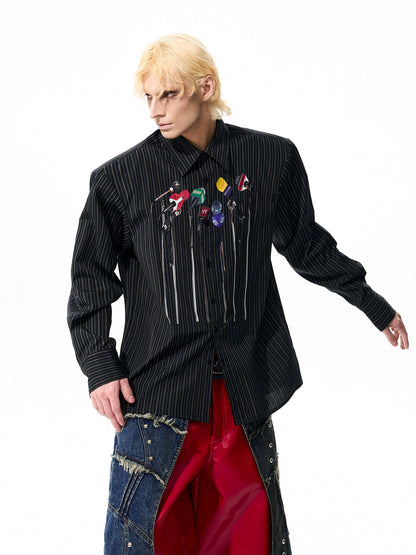 Striped Art Print Shoulder-Pad Long Sleeve Shirt WN21774