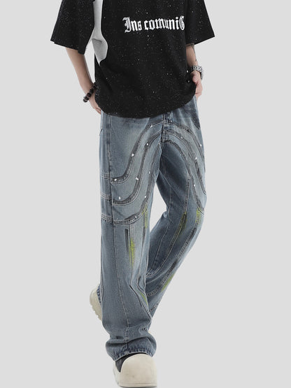 Splash Ink Pressed Wide-Leg Straight Denim Jeans WN7183