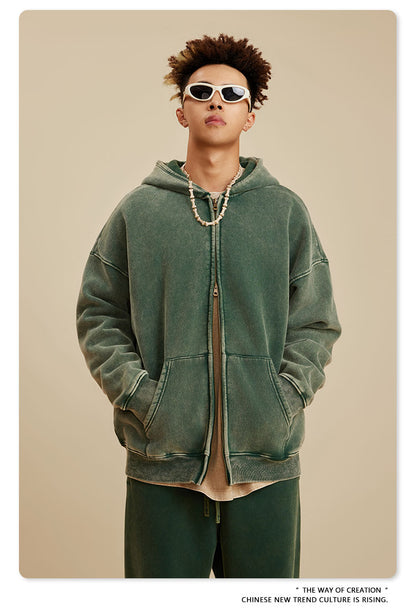 Oversize Fleece Lining Washed Zipper Hoodie & Pullover Hoodie & Pants Setup WN9925