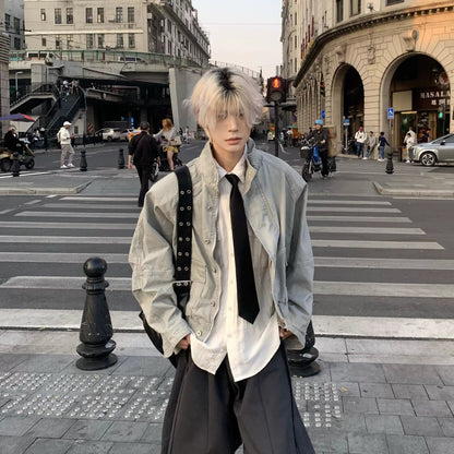 Standing-Neck Large Pocket Jacket & Wide Leg Cargo Pants Setup WN19910