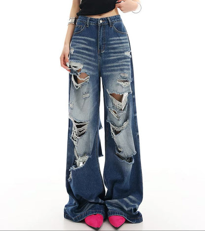 Damage Washed Wide Leg Denim Jeans WN27962