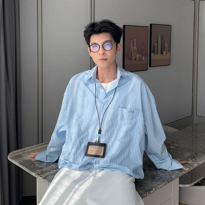 Vertical Stripe Waist-Fit Cotton Long Sleeve Shirt WN20474