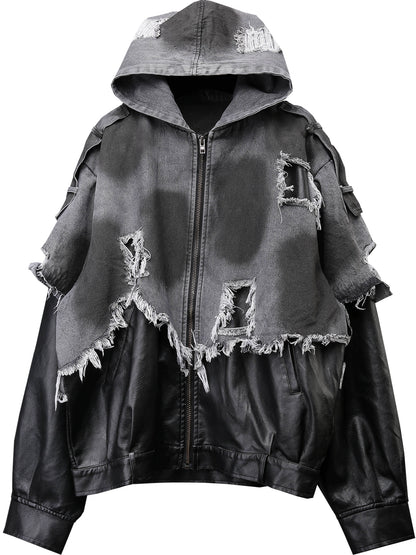 Damage Raw Edge Mix Patch PU Leather Denim Jacket WN22316