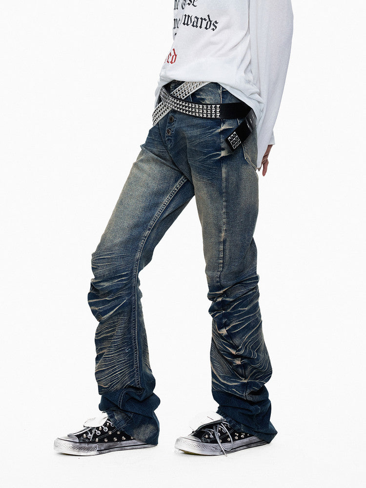 Whisker Washed Curved Seam Denim Jeans WN27311
