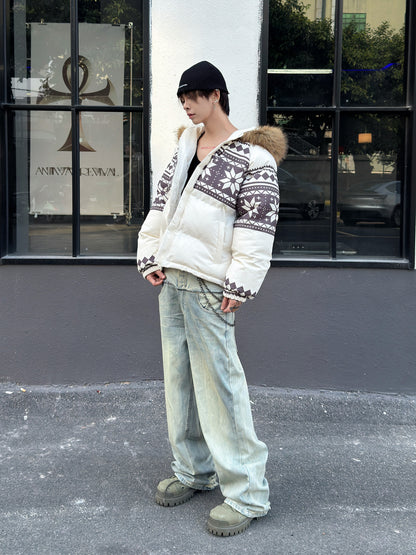 Fair Isle Lamb Fleece Fur Collar Hooded Puffer Jacket WN23010