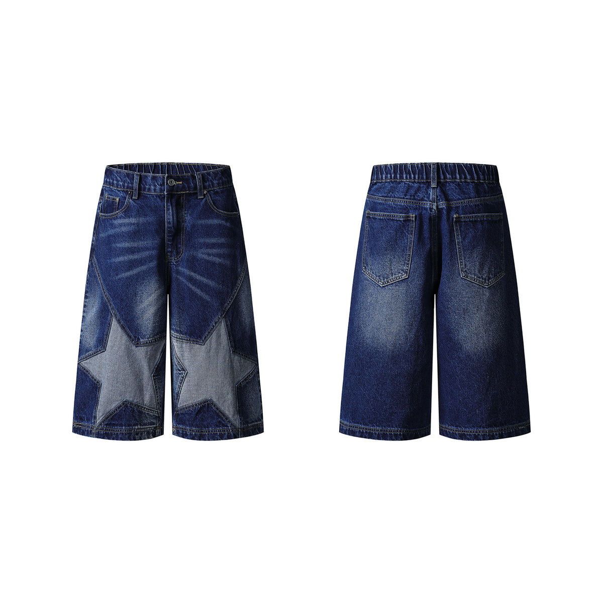 Washed Damage Star Patchwork Knee-Length Denim Jeans WN26810