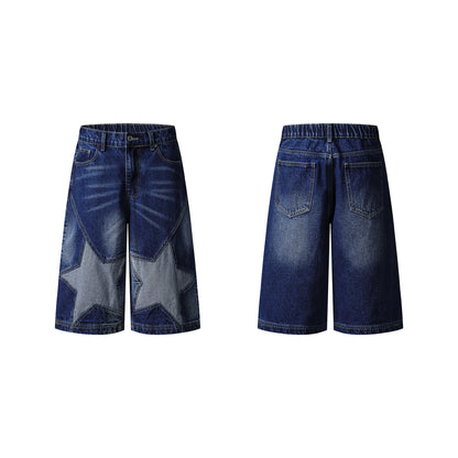 Washed Damage Star Patchwork Knee-Length Denim Jeans WN26810