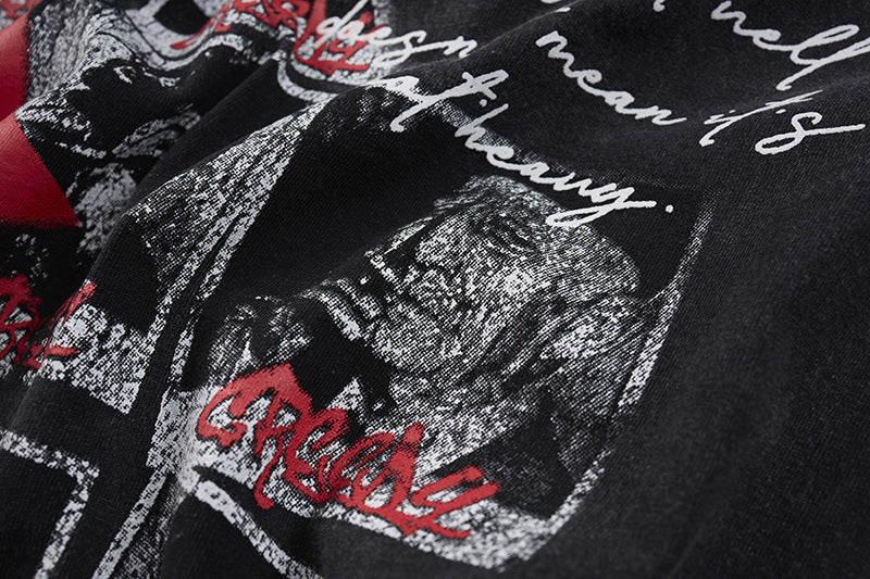 Washed Portrait Letter Print Short Sleeve T-Shirt WN25387
