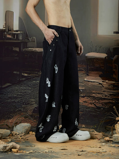 Fun Patch Embroidery Wide Leg Denim Jeans WN18424