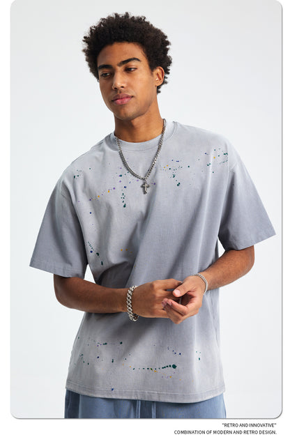Ink Splash Spray Dye Washed Short Sleeve T-Shirt WN16275