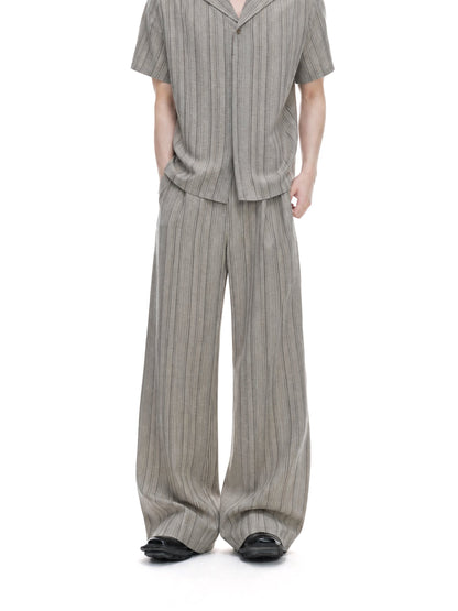 Cuban-Collar Stripe Short Sleeve Shirt & Wide Leg Pants Setup WN27022