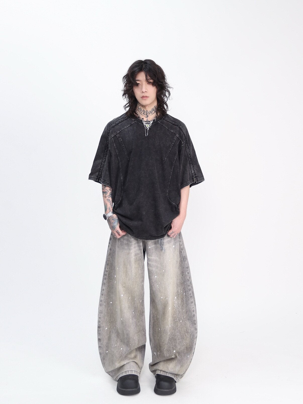 Cut Patchwork Zipper Oversize Short Sleeve T-Shirt WN24444
