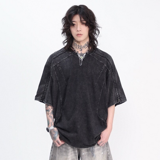 Cut Patchwork Zipper Oversize Short Sleeve T-Shirt WN24444