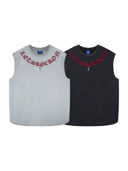 Washed Gothic Letter Embroidery Sleeveless T-Shirt WN27947