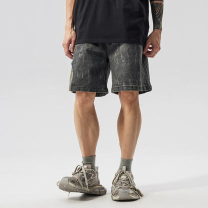 Washed Patchwork Drawstring Wide Leg Half Pants WN17605