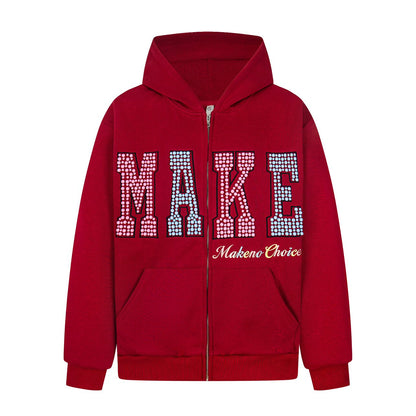 Letter Pearl Embroidery Zipper Hoodie WN24453