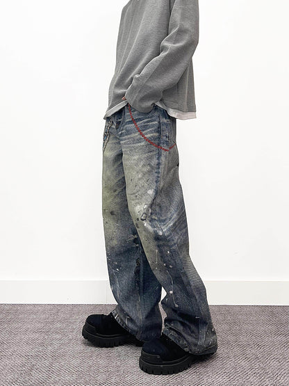Chain Pendant Print Splatter Wash Wide Leg Denim Jeans WN24240
