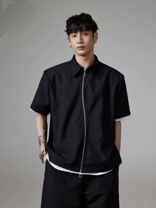 Oversize Stand Neck Zipper Short Sleeve Shirt WN13375